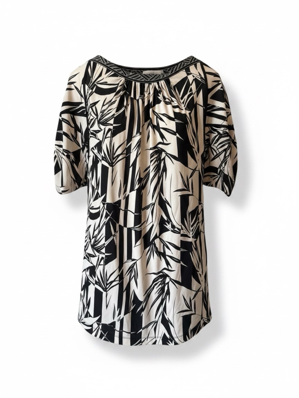 BCBGMaxAzria Black Cream Geometric Print 3/4 Sleeve Scoop Neck Dress